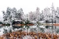 The beautiful Snow winter landscape scenery of Xihu West Lake and pavilion with garden in Hangzhou China Royalty Free Stock Photo