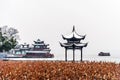 The beautiful Snow winter landscape scenery of Xihu West Lake and pavilion with garden in Hangzhou China Royalty Free Stock Photo