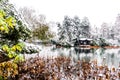 The beautiful Snow winter landscape scenery of Xihu West Lake and pavilion with garden in Hangzhou China Royalty Free Stock Photo