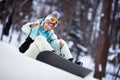 Beautiful snowboarder showing thumbs up