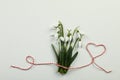 Beautiful snowdrops with traditional cord martisor on white background, flat lay and space for text. Symbol of first spring day Royalty Free Stock Photo