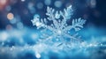 Beautiful snowflake close-up on a blue defocused background, macro photo.