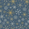 Beautiful snowflake seamless pattern - hand drawn in gold and blue, great for invitations, banners, wallpapers - vector surface