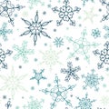 Beautiful Snowflakes seamless pattern - hand drawn, great for Christmas or New Years themed fabrics, banners, wrapping paper, Royalty Free Stock Photo