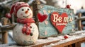 Beautiful snowman in a red scarf on the background of a wooden sign with the inscription Be my Valentine Royalty Free Stock Photo