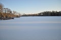 Frozen moorland lake with small tree-covered islands with long shadows on the snow on sunny winter day