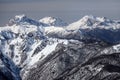 Beautiful snowy mountain peaks scenic winter landscape. Mounts Fisht, Pshekhasu, Oshten in Caucasus mountains Royalty Free Stock Photo