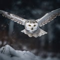 Beautiful snowy owl is gliding through the air. AI-generated. Royalty Free Stock Photo