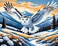 Beautiful snowy owl mountain valley flight wings spread