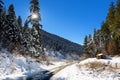 Beautiful snowy road to Zuruldi mount in Hatsvali, Upper Svaneti, Georgia Royalty Free Stock Photo