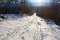 Beautiful snowy road to Zuruldi mount in Hatsvali, Upper Svaneti region of Georgia Royalty Free Stock Photo