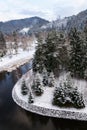 Beautiful snowy winter forest landscape, Tepla River under Brezova dam Royalty Free Stock Photo