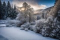 Beautiful snowy winter landscape in the countryside, cold season wallpaper, AI Generated