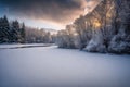 Beautiful snowy winter landscape in the countryside, cold season wallpaper, AI Generated