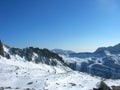 Beautiful snowy winter landscape in a mountain ski resort, panoramic view Royalty Free Stock Photo