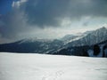 Beautiful snowy winter landscape in a mountain ski resort, panoramic view Royalty Free Stock Photo