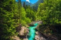 Beautiful Soca river and gorge in the forest, Bovec, Slovenia Royalty Free Stock Photo