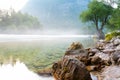 Beautiful soca river with mist above it