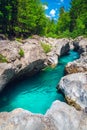 Beautiful Soca river in the narrow rocky canyon, Bovec, Slovenia Royalty Free Stock Photo