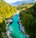 Beautiful Soca River in Slovenia europe. Aerial Shot of the Valley.