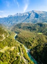 Beautiful Soca River in Slovenia europe. Aerial Shot of the Valley.