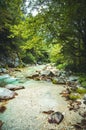 Beautiful Soca River in Slovenia europe. Aerial Shot of the Valley near trenta slovenia.