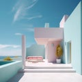 Beautiful soft colored terrace with sofa on mediterranean villa. Summer minimalist architecture background. Created with