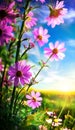 Beautiful soft-pink flowers against a background of green field and blue sky. In close-up. Royalty Free Stock Photo