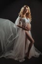 Beautiful soft and sensual pregnant woman in black transparent dress standing against a background of black wall in the studio