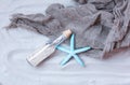 beautiful souvenir, starfish and cool fishnet lying on the wonderful beach sand background