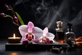 Beautiful spa composition on black background. Natural skincare cosmetic products Royalty Free Stock Photo