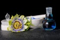 Beautiful spa composition of blue passiflora flower, cosmetic sa Royalty Free Stock Photo