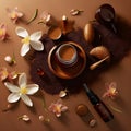 Beautiful spa composition on brown background. Natural skincare cosmetic products. AI generated Royalty Free Stock Photo
