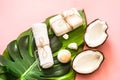 Beautiful Spa composition with coconut on pink background Royalty Free Stock Photo