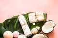 Beautiful Spa composition with coconut on pink background Royalty Free Stock Photo