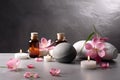 Beautiful spa composition on gray background. Natural skincare cosmetic products. AI generated Royalty Free Stock Photo