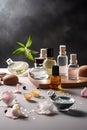 Beautiful spa composition on gray background. Natural skincare cosmetic products. AI generated Royalty Free Stock Photo