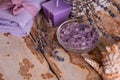 Beautiful spa composition with lavender on table Royalty Free Stock Photo