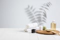 Beautiful spa composition on massage table in wellness center, copyspace Royalty Free Stock Photo