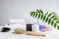 Beautiful spa composition on massage table in wellness center, copyspace, green leaf Royalty Free Stock Photo