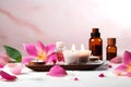 Beautiful spa composition on pink background. Natural skincare cosmetic products. AI generated Royalty Free Stock Photo