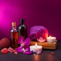 Beautiful spa composition on pirple background. Natural skincare cosmetic products. AI generated Royalty Free Stock Photo