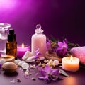 Beautiful spa composition on purple background. Natural skincare cosmetic products. AI generated Royalty Free Stock Photo