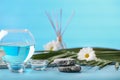 Beautiful spa composition with sea salt and stones on table Royalty Free Stock Photo