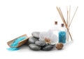Beautiful spa composition with sea salt and stones on white background Royalty Free Stock Photo