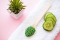 Beautiful Spa Composition White Towels on Pink Table Royalty Free Stock Photo