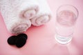 Beautiful Spa Composition White Towels on Pink Table Royalty Free Stock Photo