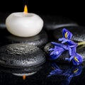 Beautiful spa concept of blooming iris flower, candles and black Royalty Free Stock Photo