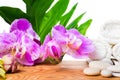 Beautiful spa concept of blooming lilac orchid, white stones, to Royalty Free Stock Photo