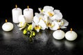beautiful spa concept of blooming white orchid flower, phalaenopsis with dew and candles on black background, closeup Royalty Free Stock Photo